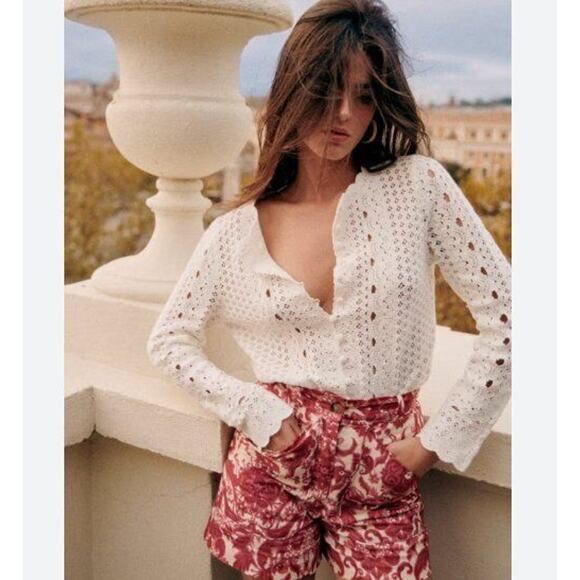Sezane Red and White Patterned Women Shorts - Picture 1 of 14
